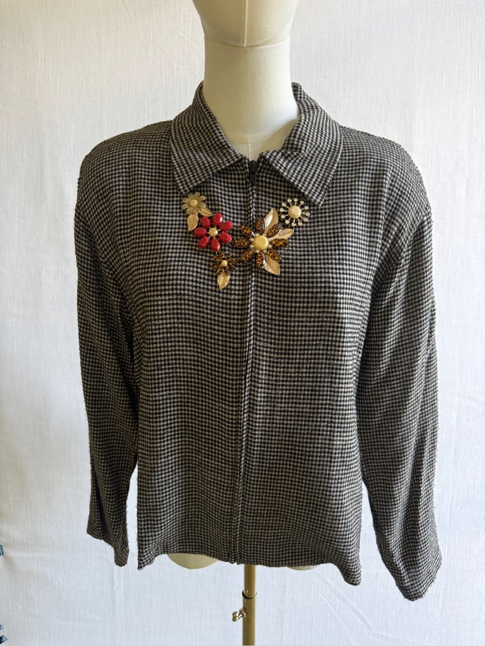Vintage Pebble Rayon Houndstooth Brown Black Zip Up Jacket Size M USA